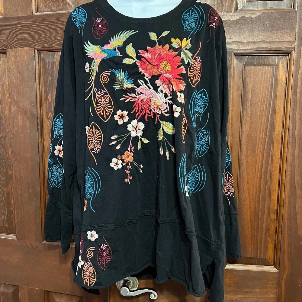 Johnny Was Colorful Floral Bird Embroidery Cotton Shirt Long Sleeve whimsigoth - Picture 1 of 14
